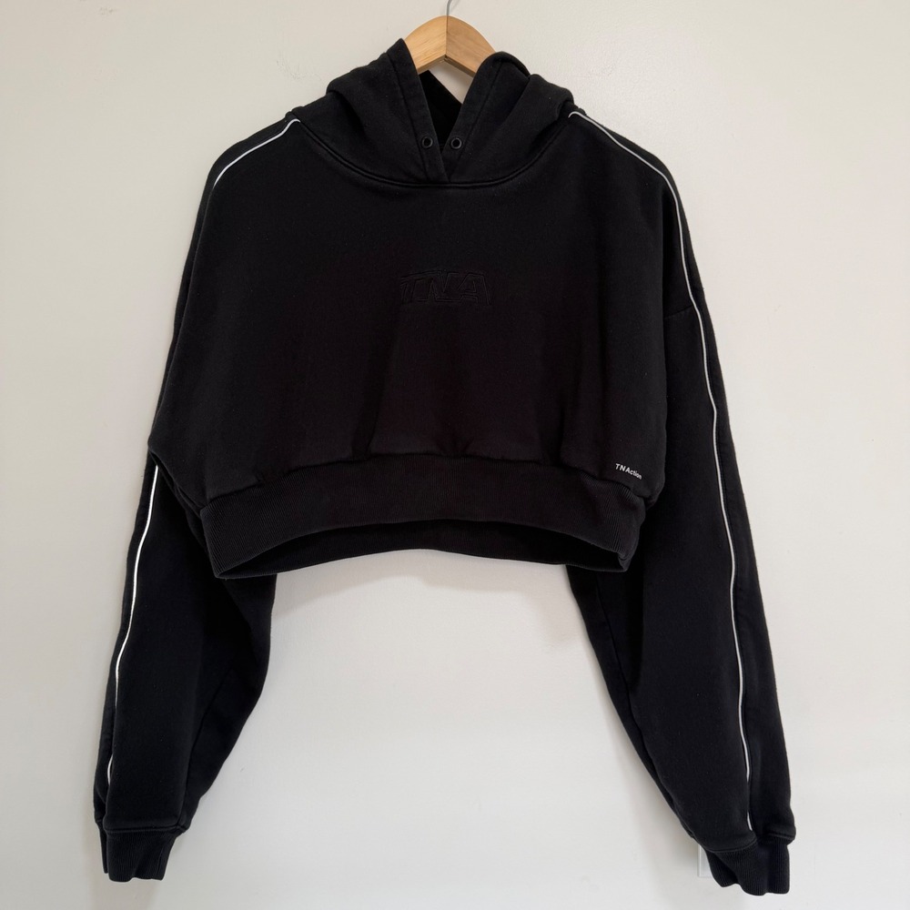 Tna Action Cropped Logo Hoodie Womens Size M Black Piping Pullover Sweatshirt